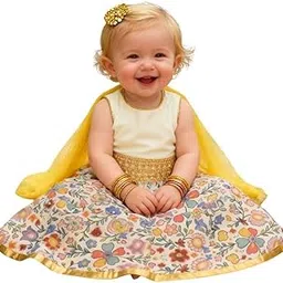 Baby Girls Cotton Ethnic Lehenga Choli Set | Sleeveless Floral Printed Skirt with Golden Dupatta | Festive & Party Outfit for Kids-image-2
