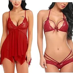 hilorill Women Babydoll Lingerie Set for Honeymoon for Woman Thongs | Sexy Night Dress Above Knee Baby Doll Night Dress | Pack of 2 Set.-picture-38