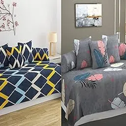 IVAZA Premium Floral Printed Glace Cotton 6 Piece diwan Set Combo -(2 diwan bedsheet, 10 Cushion Covers, 4 Bolster Covers, Grey & Blue weavs-image-93