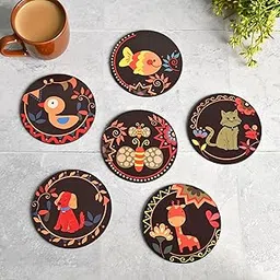 GKD Coaster Set of 6 Decorative Animal Wooden Coasters with Proper Coaster Stand Designer Coaster Set fit for Tea Cups, Coffee Mugs and Glasses (6 pc Round 3.5 x 3.5 inch) (Animals)-picture-22
