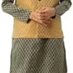 sojanya (Since 1958 Men's Silk Blend DarkGreen Kurta & Nehrujacket with OffWhite Pyjama Combo-picture-27