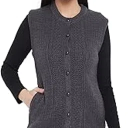 Women's Wool Blend MDGrey Sleeveless Solid Self Design Round Neck Cardigan-NV7505-image-51