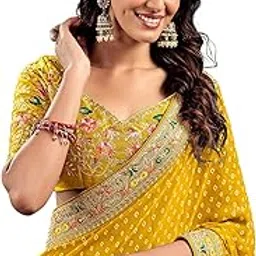 siril Women's Georgette Bandhani Printed Embroidery Saree, Traditional Wedding Sarees For Women With Unstitched Blouse Piece-picture-43