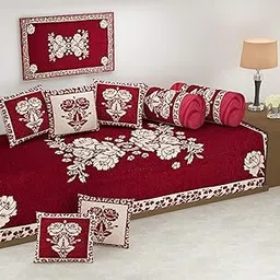 FRESH FROM LOOM 500 TC Velvet Chenille Fabric Reversible Diwan Set (Pink) - 8 Pcs ; Maroon Color; Size Single Bed-picture-12
