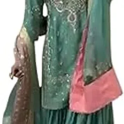 on the go mart Women's Chinon Silk Heavy Embroidery Straight Kurta with Sharara and Dupatta Set-picture-19