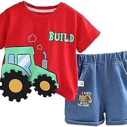 bold n elegant Cartoon 3D JCB Graphic Cotton T-shirt with Denim Shorts Summer Party Dress for Infant Toddler Preschool Boys and Girls-picture-32