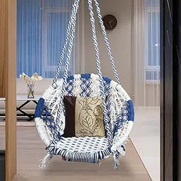 halder jute Regular Indoor Outdoor Round Hanging Swing Chair (Cotton, White,Blue 150 * 65 * 72 cm)-picture-14