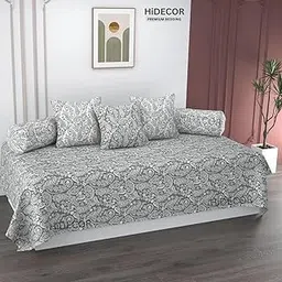 HIDECOR Super Soft Cotton Paisley diwan Set for Living Room, diwan Set Covers Cotton, diwan Set 6 Pieces One Single Bedsheet with 3 Cushion Cover,2 Bolster (Grey)-picture-33