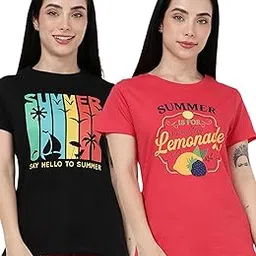 kryptic Women Pack of 2 Pure Cotton Half Sleeve Round Neck Printed T-Shirt – Regular Fit Lounge Wear Top for Comfortable Everyday Casual Outfits-picture-49