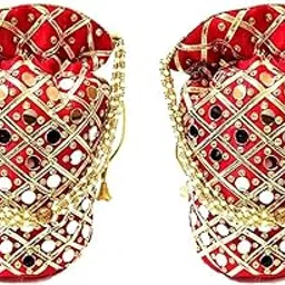 Red Damru Potli Combo (Pack of 2) for women handbags wedding festive Gifts Ethnic Wristlet Potli bags Mirror work women fashion accessories (Red)-image-19