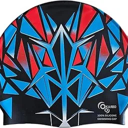 KARBD Silicone Swimming Cap Unisex Soft Waterproof Swimming Pool Head Cap Water Sports Long Hair for Children Kids Boys Girls of All Age (Universal Size, Multicolour Black Red Blue Pattern Design)-image-2