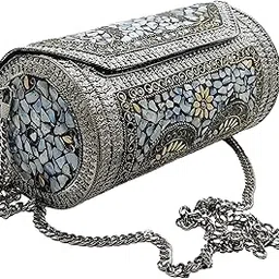 trend overseas Womens Eye Catching Handmade Cylinder Round Ethnic Silver Metal Bag Antique Bridal Clutch-picture-18