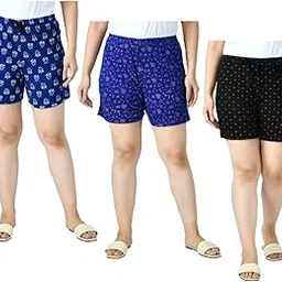 indiweaves Womens Cotton Printed Regular Shorts [Pack of 3] Black, Blue, Royal Blue-picture-50