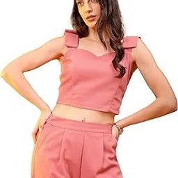 freehand by The Indian Garage Co Women Fit and Straight Casual Solid Tie Up Crop Top With Straight Pant Set Co-ords Set-picture-29
