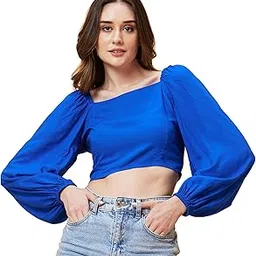 globus Women Solid Royal Blue Balloon Sleeve Crop Top-picture-14