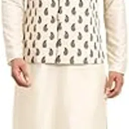 kisah Mens Kurta Jacket Churidar Set, Cotton Blend Printed Mandarin Collar Long Sleeves, Off White Ethnic Set for Men-picture-23