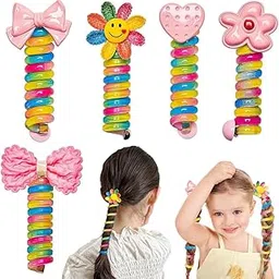 HOC® Colorful Telephone Wire Hair Bands for Girls Kids Braided Spiral Hair Ties Cute Cartoon Ponytail Maker Elastic Braids Hair Accessories for Girls Multicolour Pack Of- 4 (Random Designs)-image-27