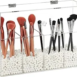 Acrylic Makeup Organizer, Clear Cosmetic Brush Storage Box With 4 Brush Holders,Makeup Brush Holder with Dust Cover, Large-capacity Split Design Can Quickly Organize the Desktop（No pearls）-image-81