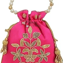 milan's creation Zardosi Potli Bag Hand Embroidery Drawstring Potli Women's Handbag Purse With Pearl Handle & Tassel Purse-picture-52