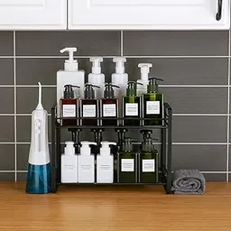 CRAFTS DEX 2-Tier Metal Bathroom Storage Organizer Rack, Black, Kitchen Counter Shelf, Space-Saving Design, Modern Style& Countertop – Multi-Purpose for Spices, Bottles, Toiletries & Home Décor-image-1