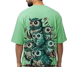 INKRYPT Oversized T-Shirt for Men | Spooky Owl Graphic Back Print | Streetwear Drop Shoulder Loose Fit Tee | Mint Green-picture-43