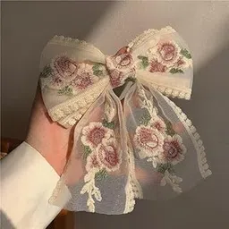 H-STYLE STORE 1 PCS Large White Lace Flower Embroidery Bow Hair Clip With Ribbon Wedding Hair Accessories for Women Girls-picture-11