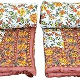 Namaste India Jaipuri Light Weight Pure Cotton Traditional Rajasthani Print Orange Colour Single Bed Quilt/Razai/Rajai-Set of 2-image-20