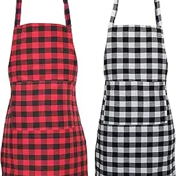 GLUN Waterproof Unisex Kitchen Checkered Design Apron with 2 Roomy Size Front Centre Pocket and Adjustable Neck Strap (Pack Of 2)-picture-31