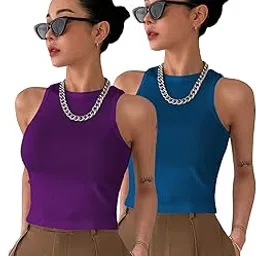 toochki Women's Knitted Sleeveless Solid Round Neck Ribbed Tank & Crop Top (Pack of 2 (Two))-picture-11