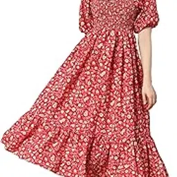 kzully | Colorful Floral Print Midi Dress | Smocking and Elastic Comfort | Stylish Woman Wearing a Pretty Printed Flower | Trendy and Fashionable-picture-34