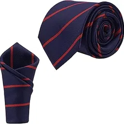 calixto Men'S Navy Blue Color With Red Stripes Ties, Micropoly Formal Necktie With Pocket Square, Silky Feel (Pack Of 2).-picture-57