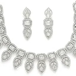 zeneme Jewellery Set Leaf Style AD/American Diamond Rectangle Shaped Studded Rose Gold Plated Handcrafted Circle Necklace Set for Women & Girls-picture-35