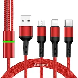 Alitayee 3 in 1 Multi Charging Cable With USB To Micro, USB Type C, Light-Ning Pin, Compatible With Oppo, Vivo, Xiaomi, Samsung, iPhone, Ipad Pro & Car Charging, Red, 1M, By Marchpower-picture-34