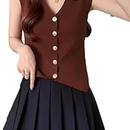 icw Women's Knitted Ribbed Golden Button Sleeveless Polo Collar Crop Vest Sling Cami Tank Top Dn83157-picture-23