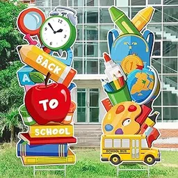 Funnymoom 2 Pcs Welcome Back to School Yard Signs First Day of School Lawn Sign Cards with Metal Stakes Party Waterproof Outdoor Garden Yard Decorations for Greeting Students Kids-picture-21