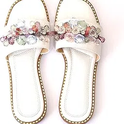sole mates by Palak Women's Crystal Embellished Slider Sandals, White with Multicoloured Stones, Cushioned Insole-picture-11