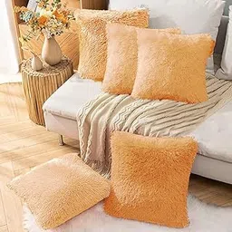 Faux Fur Throw Pillow Covers-16" x 16",Set of 5 - Soft Cushion Cases - Fuzzy Fluffy Cozy for Sofa Bed Decor Couch Bedroom Without Insert. 16x 16 Inches/ 40 x 40 cm (Gold)-picture-59