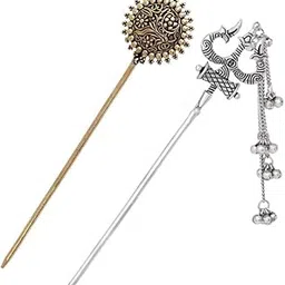 v l impex Silver & Gold Oxidised Plated Craved Sun & Trisul Hair Sticks Combo For Girls-picture-58