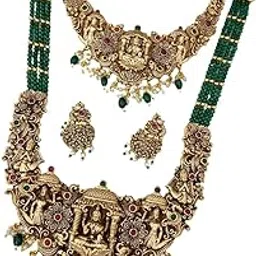 KGR Splash Dark Green Beads Gopuram Design Lakshmi Heavy Work Antique Dark Green Bead Hanging Necklace, Long Aram & Earrings-image-21