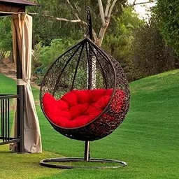 OMCCO Patio Rattan Egg Chair and Stand with Rocking Function, Stylish Outdoor Wicker Swing Chair with Soft Cushion for Balcony, Poolside and Garden(Red)-picture-11