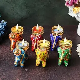 Dreamica Set of 6 Elephant Tealight Candle Holders with Multicolor Tealight Candles – Traditional Decorative Tea Light Holder Set for Diwali, Puja, Festive Home Decoration & Gifting-image-83