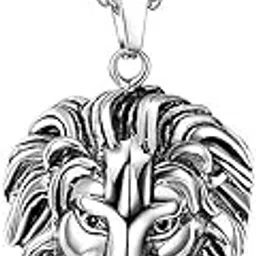 gozby wellpoint Men's Silver Lion Head Pendant Chain | Stainless Steel Necklace for Men | Bold Biker Jewelry, Street Style Pendant, Durable Silver Tone Chain-picture-49