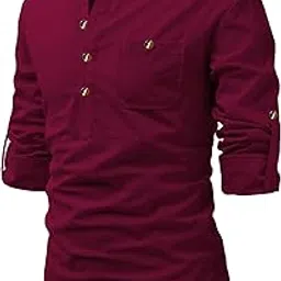 crowntail Men Pure Cotton Slim Fit Roll Up Full Sleeve Spread Collar Short Kurta with Stylish Design | Super Soft Comfortable Beige Color Kurta for Casual Outings-picture-24