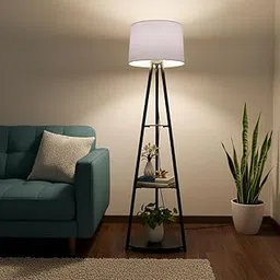 ZipNest Tripod Metal Floor Lamp with Shelves Stylish Standing Lamp for Living Room Decoration Bedroom Corner Stand Aesthetic Home Decor (Gothic Grey) LED Bulb Included-picture-12