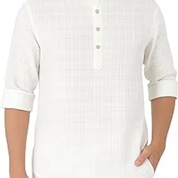 Men's Pure Cotton Short Kurta | Comfortable Casual Ethnic Wear with Full Sleeves & Mandarin Collar | Lightweight White Cotton Outfit for Daily-image-14