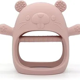 Baby Teething Toys - Never Drop Hand Wrist Teether, Food-Grade Silicone Mitten Teether for Soothing Teething Pain Relief, Easy to Grip Pack of 1 (Groundhog) (Light Pink)-image-22