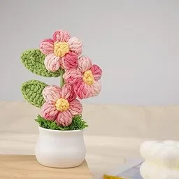 VRB DecTM 1 Pcs Crochet Flowers Artificial Daisy for Office Desk Car Dashboard Decor,Home Decoration, Office, Bedroom, Christmas Decor, Wedding,Diwali. (Triple Pink Daisy with Pot)-image-42