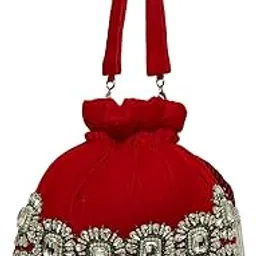 Evening Party Clutch Bag, Red with Crystal Embellishments, Beaded Tassels-picture-17