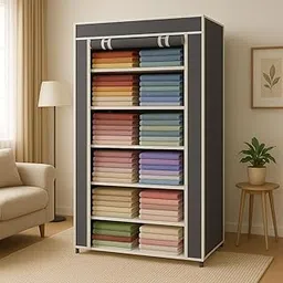 BONTEC Collapsible Wardrobe 6 Shelves Storage Clothes Storage Rack Quick Wardrobe/Cabinet/Multipurpose Storage Rack, Foldable, Collapsible Fabric Organizer Cupboard for Bedroom (Grey, 6 Layer) image 1
