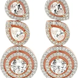 zeneme 18 K Rose Gold Plated Rose Gold Toned Tear Drop & Round American Diamond Studded Drop Earring For Women-picture-51